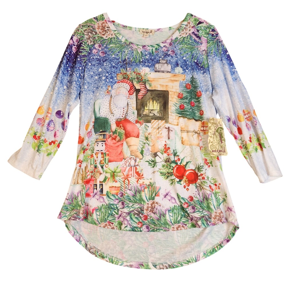 One‎ World Christmas Santa Fireplace Nutcracker Long Sleeve Tunic Top L